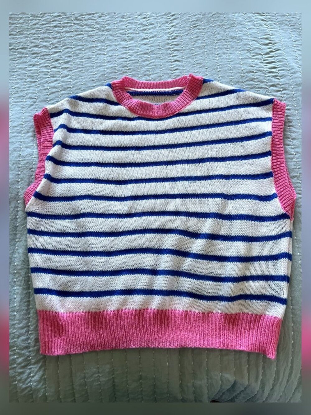 Striped Knit Short Sleeve Top Pink Blue White XS